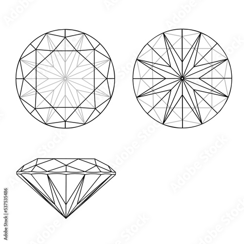 brilliant round diamond cut on a white background. round diamond cut shape from top, side and bottom view, vector illustration design diagram with eps format