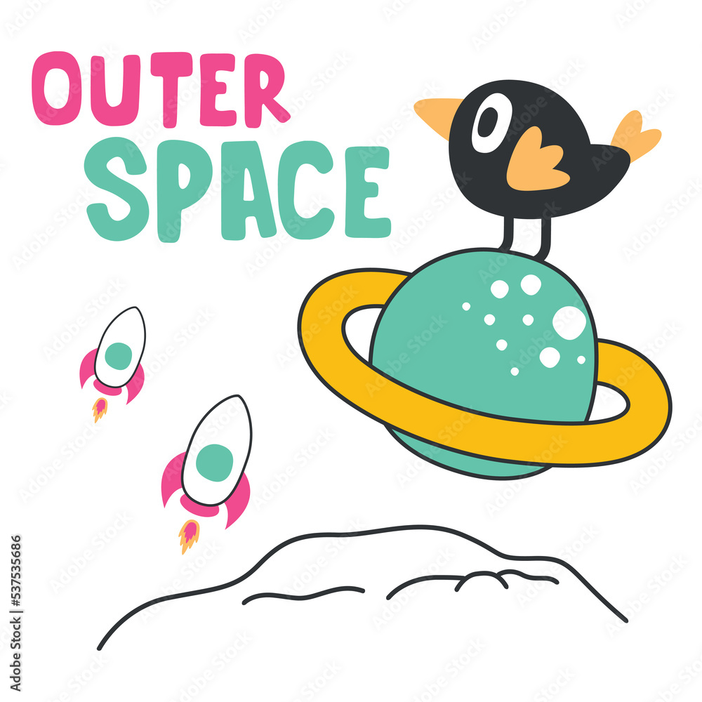 Vector bird character in the space with planet and rocket isolated on white background Cartoon character for childrens book, album, baby shower, greeting card, party invitation, house interior. Vector bird character in the space with planet and rocket isolated on white background Cartoon character for childrens book, album, baby shower, greeting card, party invitation, house interior.