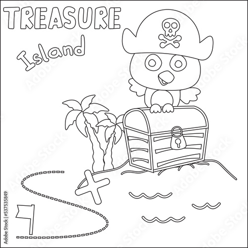 Vector illustration of pirate bird has found the treasure in cartoon style. Pirate flag, treasure chest. Isolate on a white background. Childish design for kids activity colouring book or page.