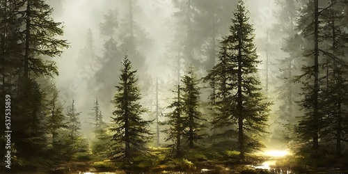 Summer landscape of a coniferous forest near the water