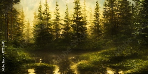 Summer landscape of a coniferous forest near the water