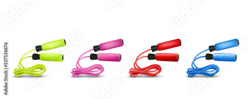 A set of colored jump ropes for jumping. Jumping rope. Vector illustration on a white background of sports equipment. An accessory for jumping. Red jump rope, blue jump rope, green jump rope, blue jum