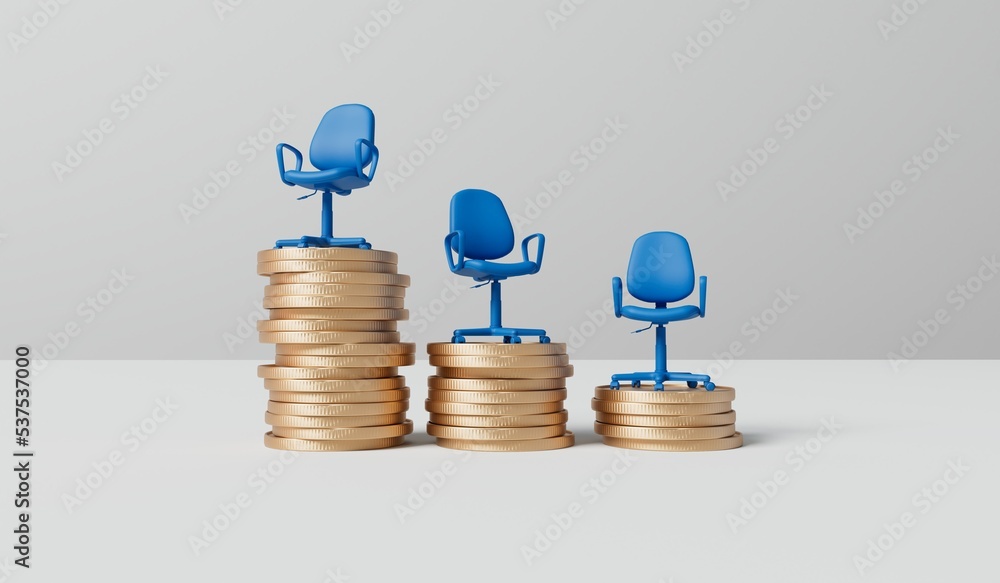 Office chair on a stack of coins. Career promotion wages and salary  concept. 3D Rendering Stock-Illustration | Adobe Stock