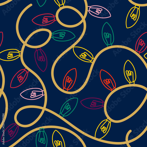 Colorful seamless pattern with christmas decorative garlands and lights isolated on transparent background