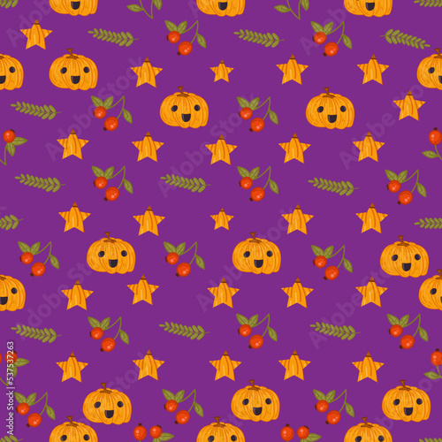 Halloween pattern with different pumpkins, spooky jack o lantern,berries and leaves.