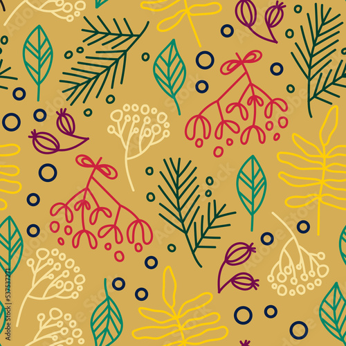 Colorful seamless pattern with christmas trees, misletoyes, snowlake, berry and branches 
