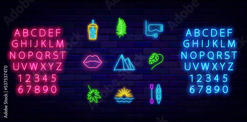 Summer neon icons collection. Mountain, kayak and bubble tea. Luminous blue and pink alphabet. Vector illustration