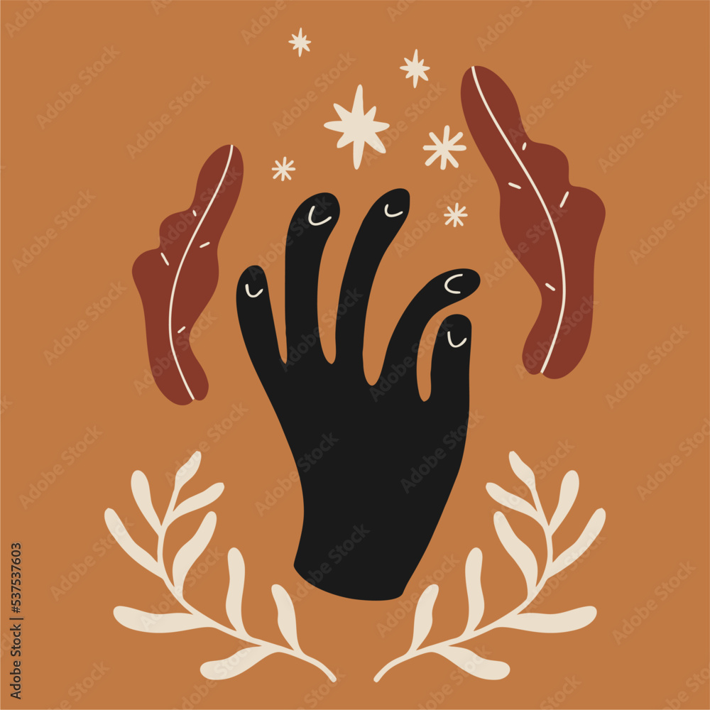 Obraz premium Illustration of hands, plants and abstracts. Unique print in boh style. Perfect for poster or postcard template, trendy t-shirt design.