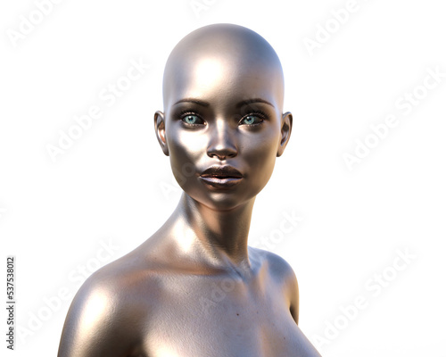 Portrait of a bald, silvery naked woman on a white background. 3d illustration. 