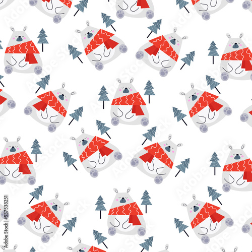 Seamless pattern with cute bears and trees perfect for wrapping paper