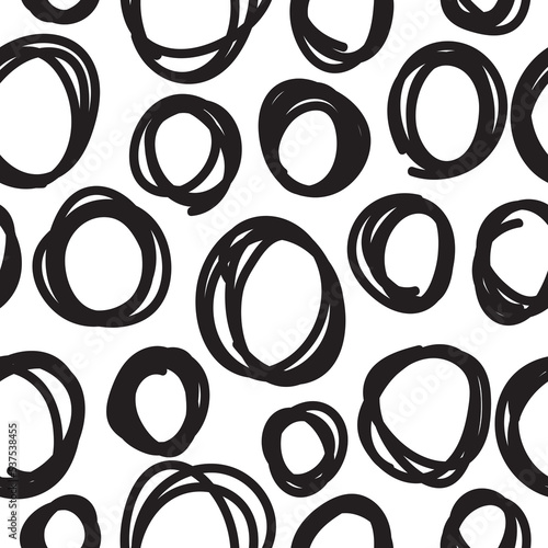 Monochrome seamless pattern with abstract swirls and circles isolated on transparent background