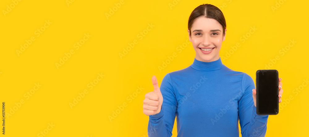 Woman isolated face portrait, banner with copy space. woman blogger use smartphone. lady working online. typing and texting. thumb up. Woman isolated face portrait, banner with copy space. woman blogger use smartphone. lady working online. typing and texting. thumb up.