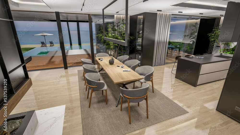 Fototapeta premium 3d rendering of modern cozy interior with living,dining zone stair and kitchen for sale or rent with wood plank by the sea or ocean. Spacious apartments with expensive furniture,equipment and flowers