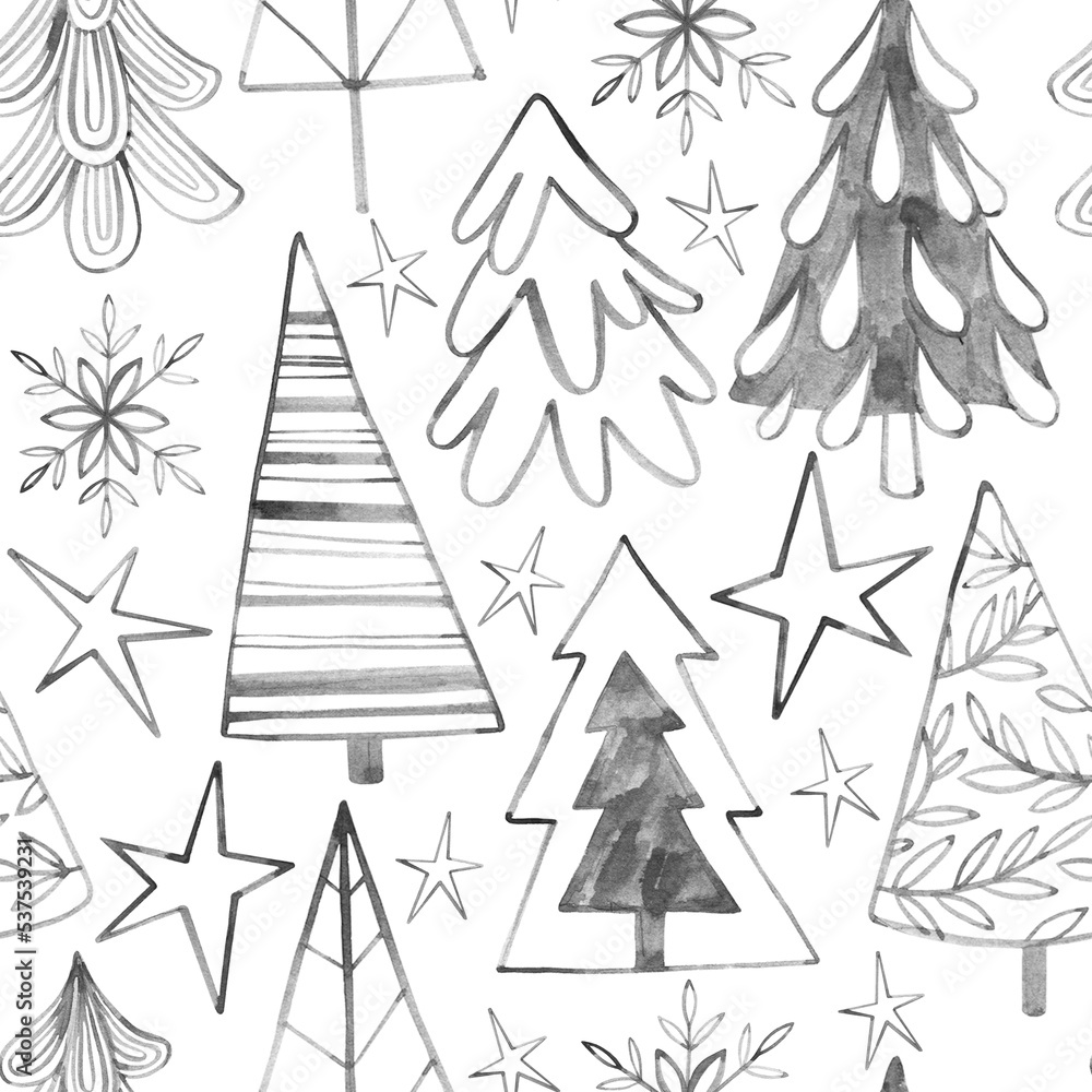 Obraz premium Seamless background textured watercolor pattern with forest trees, firs and stars. Christmas mood pattern with transparent background.
