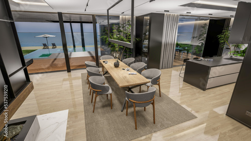 3d rendering of modern cozy interior with living,dining zone stair and kitchen for sale or rent with wood plank by the sea or ocean. Spacious apartments with expensive furniture,equipment and flowers © korisbo