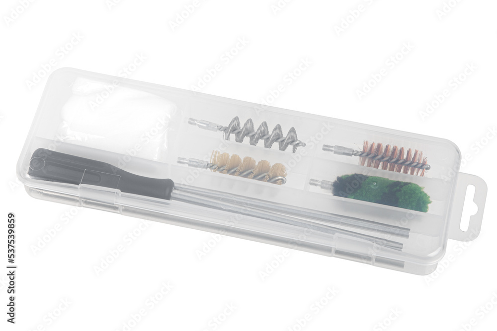 A set for cleaning weapons in a plastic case isolate on a white back. Weapon care tools. A set for cleaning weapons in a plastic case isolate on a white back. Weapon care tools.