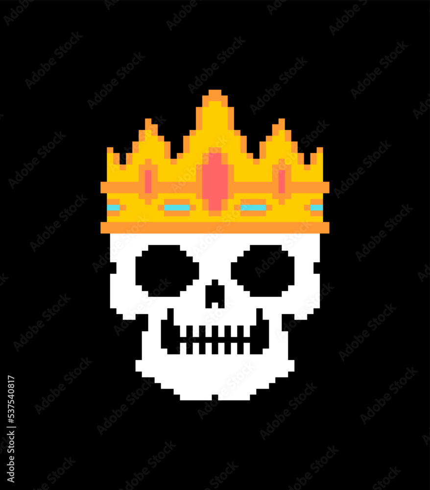 King skull Pixel art.8 bit Head of skeleton in crown. pixelated Vector illustration