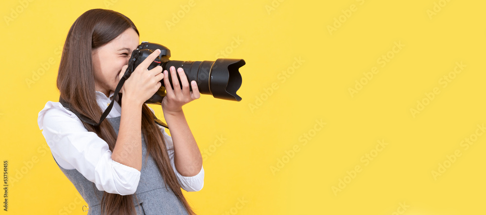 professional. happy child photographing. school of photography. hobby or career. Child photographer with camera, horizontal poster, banner with copy space. professional. happy child photographing. school of photography. hobby or career. Child photographer with camera, horizontal poster, banner with copy space.