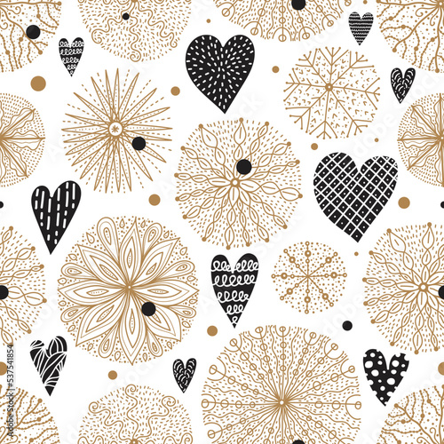 Decorative silver snowflaces and black hearts. Cute vector pattern. Can be used for wallpaper, pattern fills, web page background, surface textures.