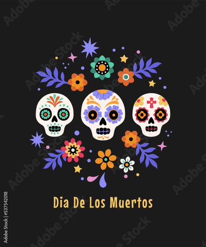 Dia De Los Muertos greeting card. Vector illustration in flat cartoon style of Mexican traditional festive sugar skulls and flowers. Isolated on black background