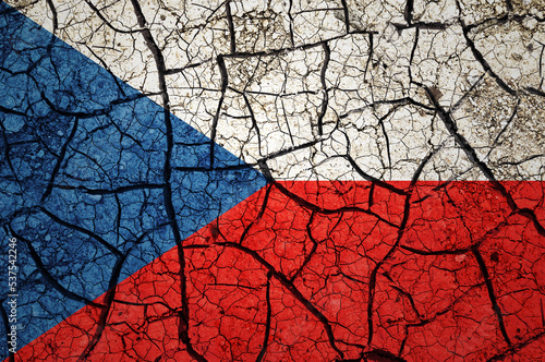 Dry soil pattern on the flag of Czechia. Country with drought concept. Water problem. Dry cracked earth country.