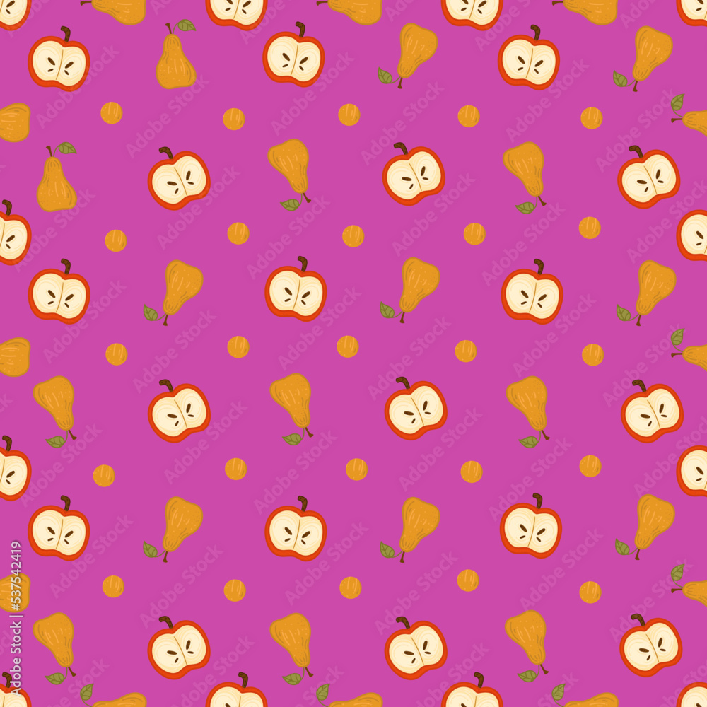 Halloween seamless pattern background design with apples, pear and other cozy autumn or festive elements on pink background.