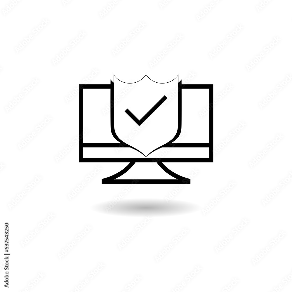 PC monitor and shield glyph icon logo with shadow PC monitor and shield glyph icon logo with shadow