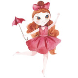 Vintage watercolor circus girl gymnast in a red dress with an umbrella performs balance tricks