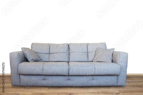 Sofa or couch furniture on wooden floor in PNG isolated on transparent background