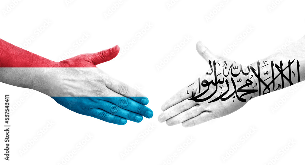 Handshake between Afghanistan and Luxembourg flags painted on hands, isolated transparent image. Handshake between Afghanistan and Luxembourg flags painted on hands, isolated transparent image.