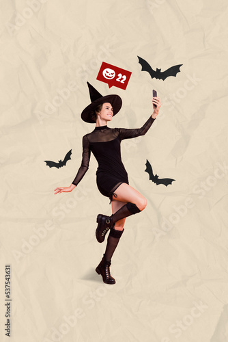 Poster collage of lady dress in warlock creature costume make selfie network reaction on painted bats background