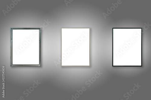 Three white wooden frames on wall in PNG isolated on transparent background
