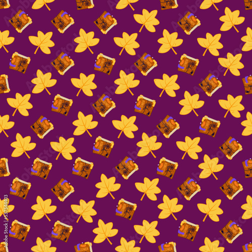 Halloween seamless pattern background design with halloween book, autumn leaves and other scary or festive elements on purple background.