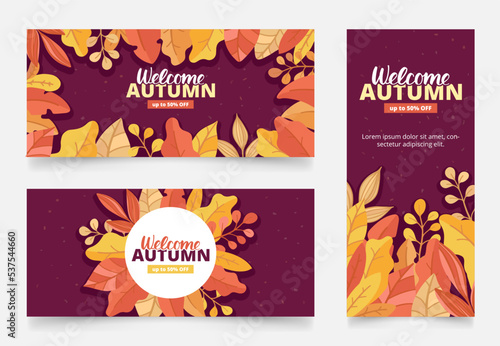 Colourful flat vector illustration: Autumn leaves background and text. Set of autumnal templates for poster, banner, advertising. Image collection with hand drown lettering.