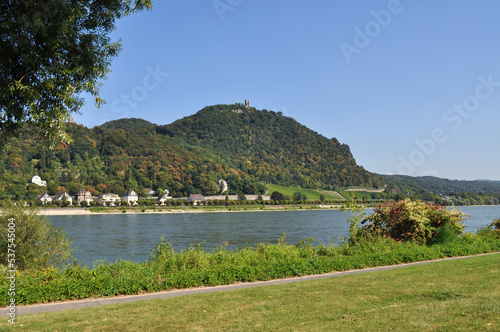 View of the Rhine River, the town of Königswinter on the opposite bank and Drachenfels Castle on the heights above. North Rhine-Westphalia, Germany. photo