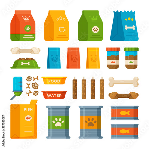 Animal Food Set. Vector illustration of a variety of food for pets. Food bags, canned food, bowls, bones, boxes, drinkers and other pet food.