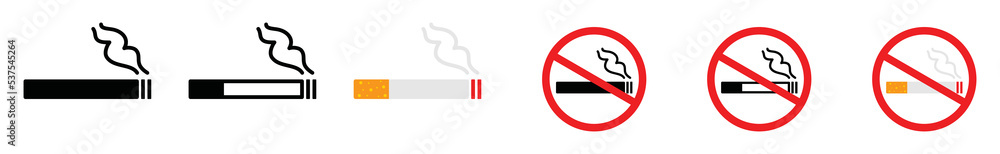 Cigarette icon vector collection. Smoking area and No Smoking sign symbol illustration. Cigar, tobacco silhouette. Warning, prohibition, forbidden, ban, do not, attention sticker signs - obrazy, fototapety, plakaty 