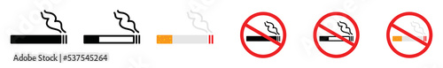Cigarette icon vector collection. Smoking area and No Smoking sign symbol illustration. Cigar, tobacco silhouette. Warning, prohibition, forbidden, ban, do not, attention sticker signs