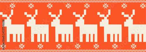 Christmas and New Year seamless pattern. Fair Isle flat knitting pattern with Scandinavian snowflakes and reindeer for winter hat, sweater, jumper, paper or other designs.