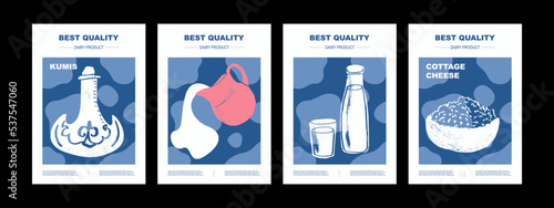 Hand draw vector set dairy products. Illustration of milk, kumiss, ayran, cottage cheese in bottle, jug. Design market farm product. Abstract Packaging poster Design Layouts 