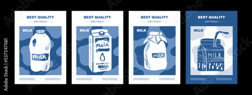 Hand draw vector set dairy products. Illustration of milk in bottle, package. Design market farm product. Abstract Packaging poster Design Layouts 