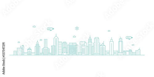 Cityscape. Modern flat line landscape vector. City landscape line art illustration with building, tower, skyscrapers. Vector illustration.