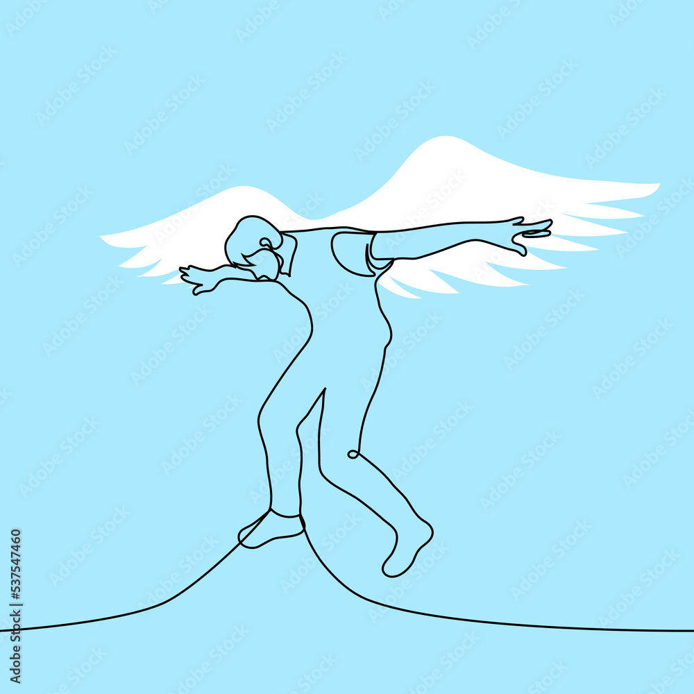 man with huge white wings is flying - one line drawing vector. concept ...
