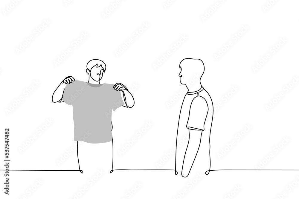 standing man shows a t-shirt to another man - one line drawing vector. concept t shirt seller convinces customer to buy t shirt