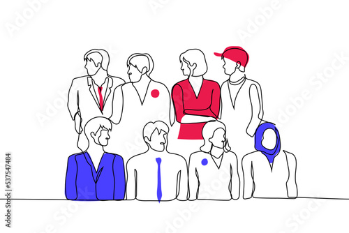 crowd of people from different propaganda camps - one line drawing vector. concept the electorate of opposition parties, people standing nearby look in different opposite directions