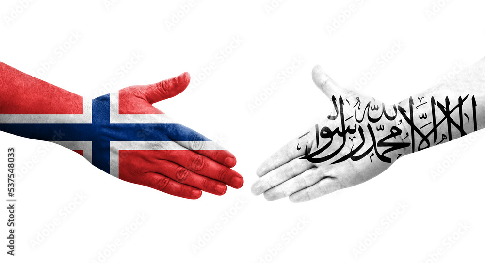Obraz premium Handshake between Afghanistan and Norway flags painted on hands, isolated transparent image.