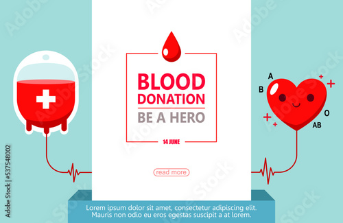 blood bag donated with heart, blood donor for poster, banner, card, and background. Vector illustration flat design for blood donation day.