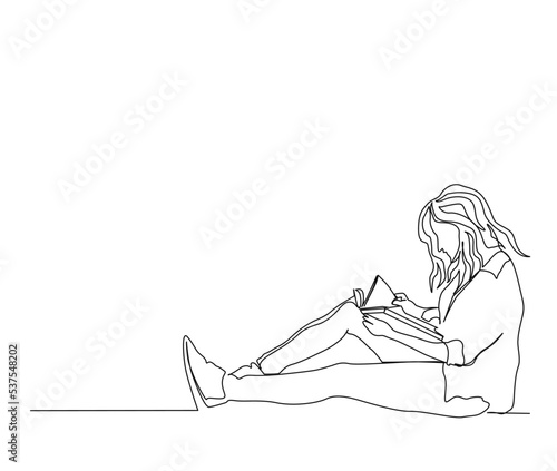 Continuous one line drawing of young woman reading a book. A girl sit and reading book single line art drawing vector illustration.