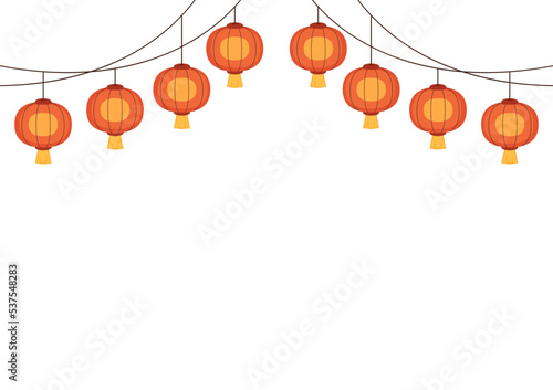 Happy Chinese new year 2023. Chinese new year banner with circle for show product. Greeting card. China frame with lantern on red background.