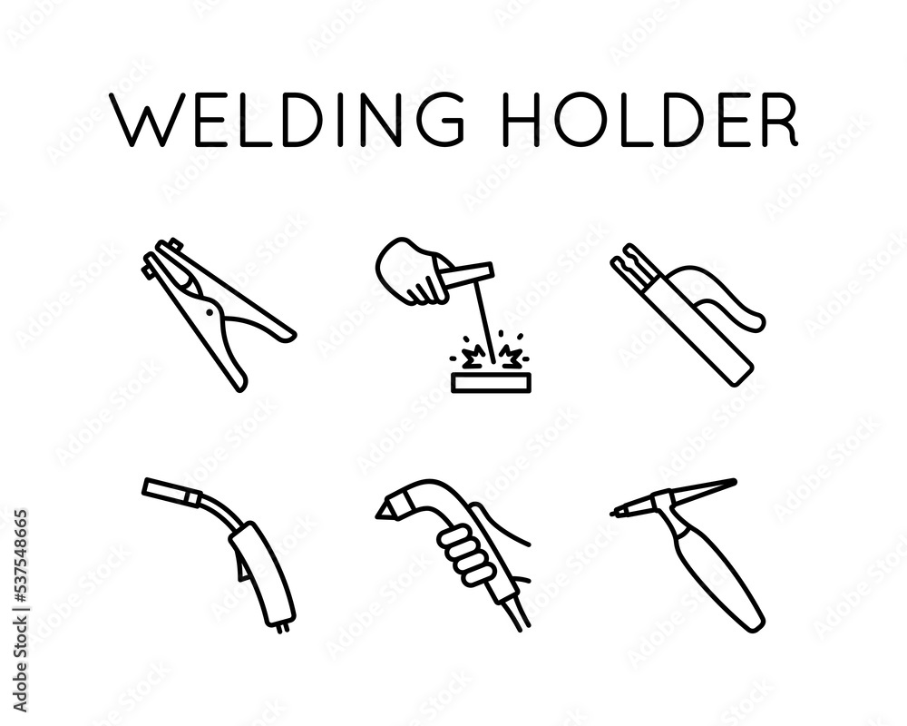Welding holder icons set. Electrode, Arm, Argon, Mass Are Presented, tig, mig. Welding holder icons set. Electrode, Arm, Argon, Mass Are Presented, tig, mig.